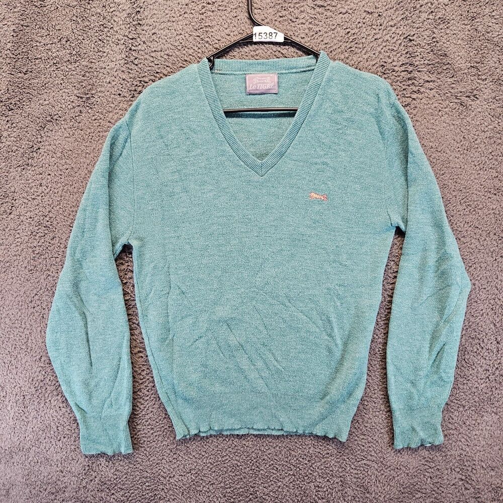 Le Tigre Sweater Pullover Men Size‎ Medium Turquoise V-Neck Knit Vintage